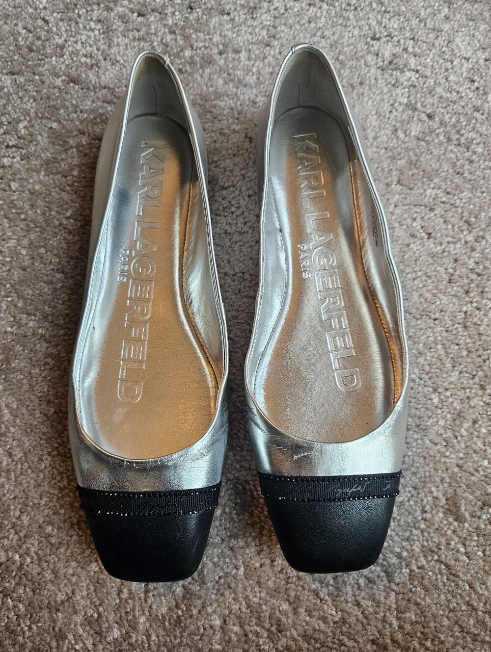 Karl Lagerfeld Silver with Black Cap-Toe Square-Toe Ballet Flats